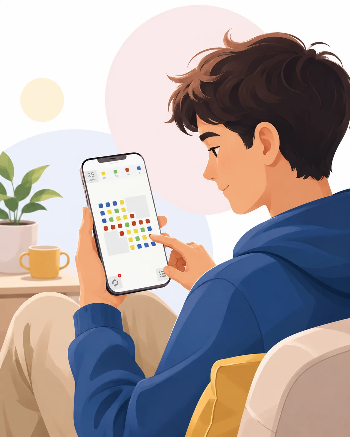 A young man relaxing on a sofa, playing Conxy on his phone: a grid of coloured dots being connected, with a moves counter and per-colour move budgets shown at the top of the screen.