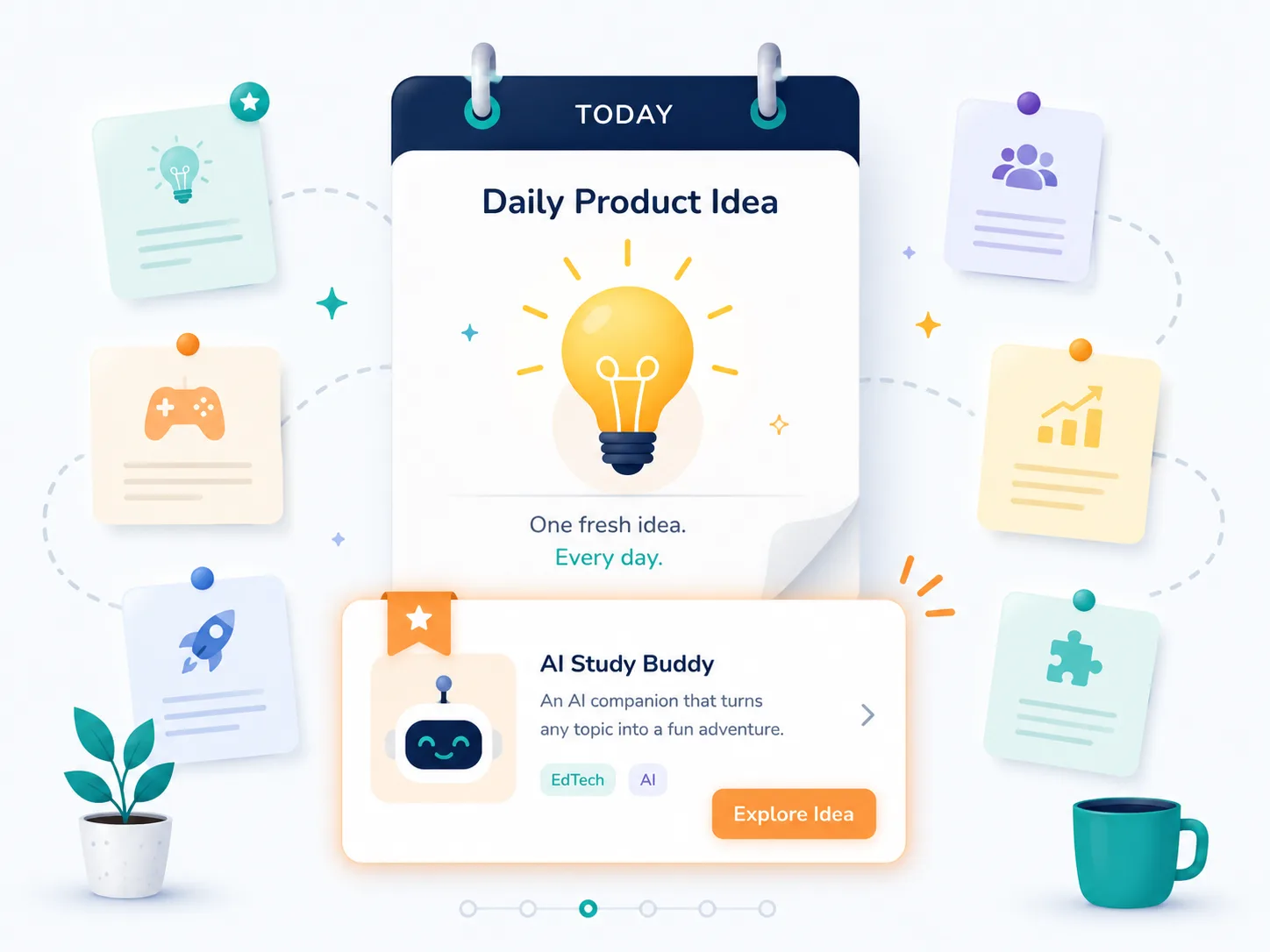 A calendar page titled 'Daily Product Idea' reading 'One fresh idea. Every day.', surrounded by idea note cards, with a sample idea card below for an 'AI Study Buddy' concept.