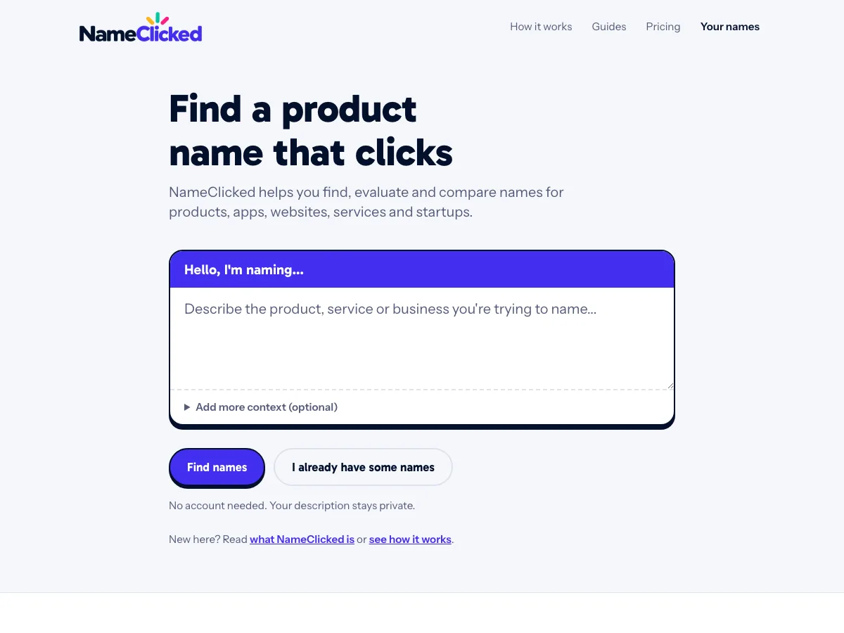 The Name Clicked homepage, headed 'Find a product name that clicks', with a box for describing the product, service or business you're trying to name and buttons to find names or check names you already have.